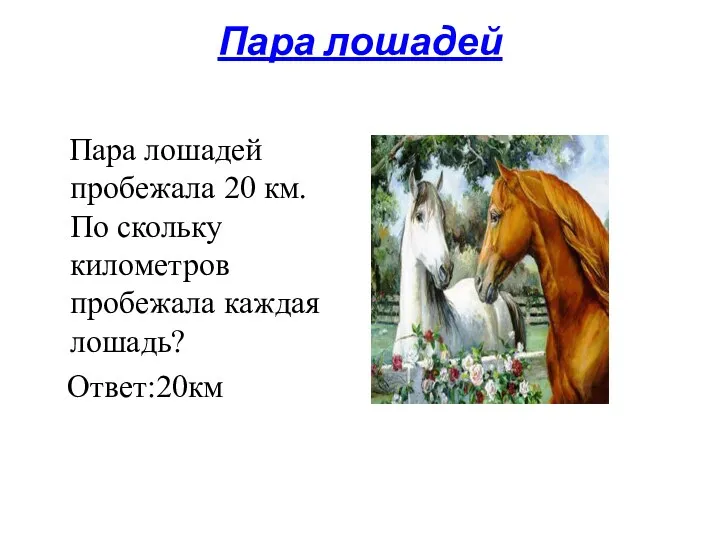 Пара лошадей Пара лошадей пробежала 20 км. По скольку километров пробежала каждая лошадь? Ответ:20км