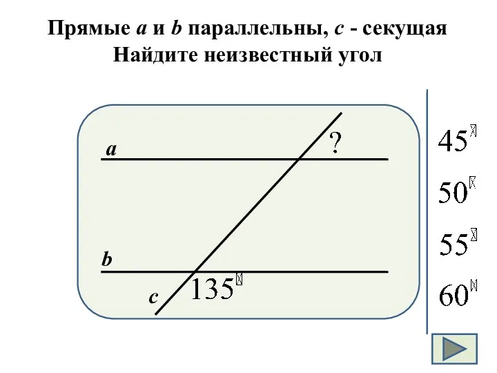 Прямые а и b параллельны, с - секущая Найдите неизвестный угол а b с