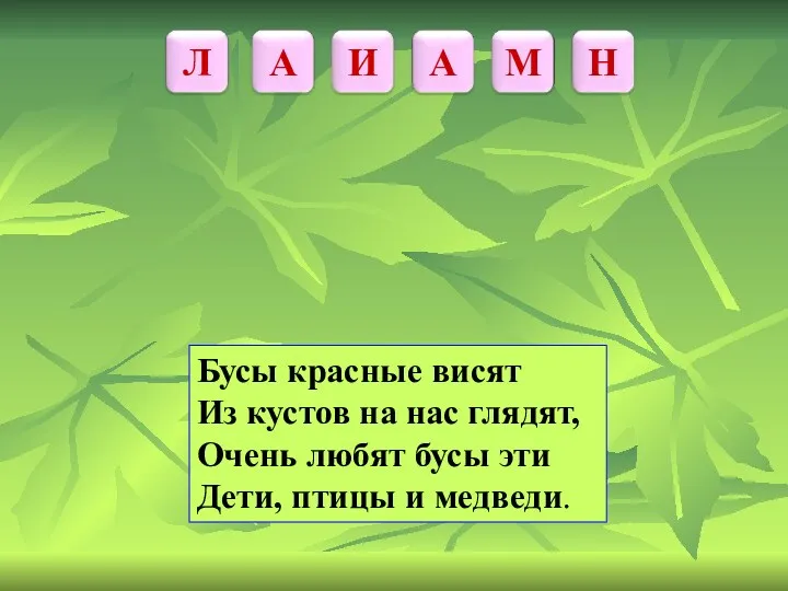 Бусы красные висят Из кустов на нас глядят, Очень любят бусы эти Дети, птицы и медведи.