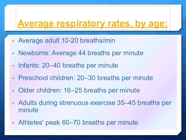 Average respiratory rates, by age: Average adult 10-20 breaths/min Newborns: