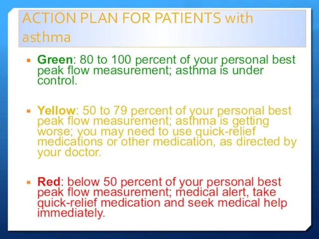 ACTION PLAN FOR PATIENTS with asthma Green: 80 to 100