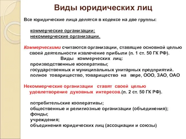 Виды юридических лиц Все юридические лица делятся в кодексе на