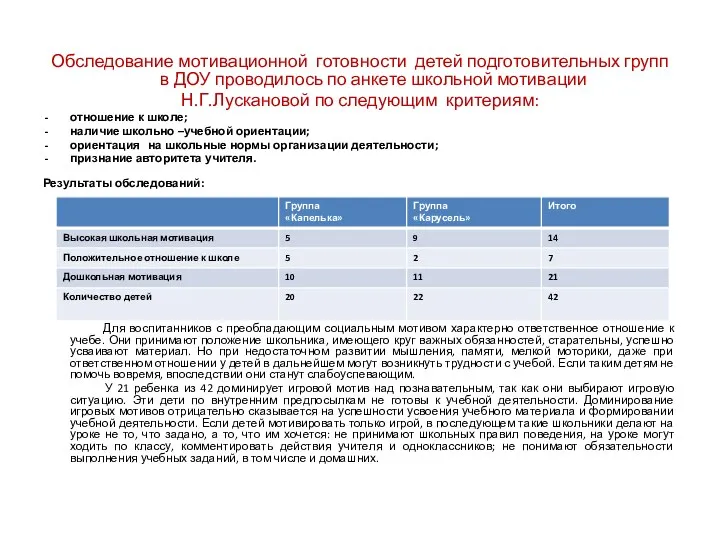 Обследование мотивационной готовности детей подготовительных групп в ДОУ проводилось по