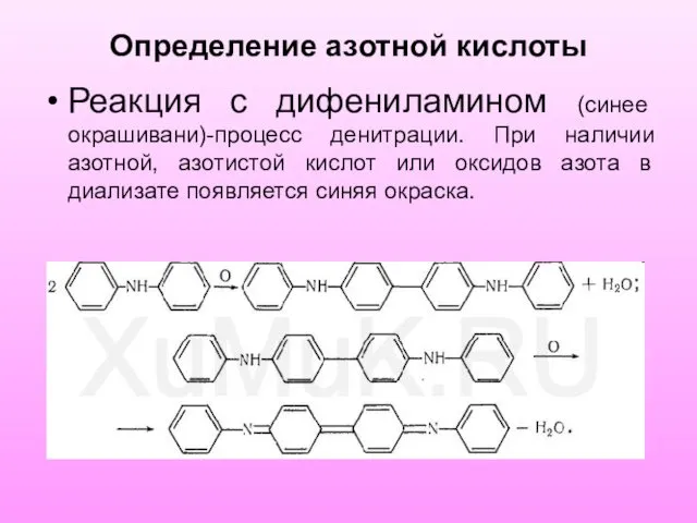 Определение азотной кислоты Реакция с дифениламином (синее окрашивани)-процесс денитрации. При