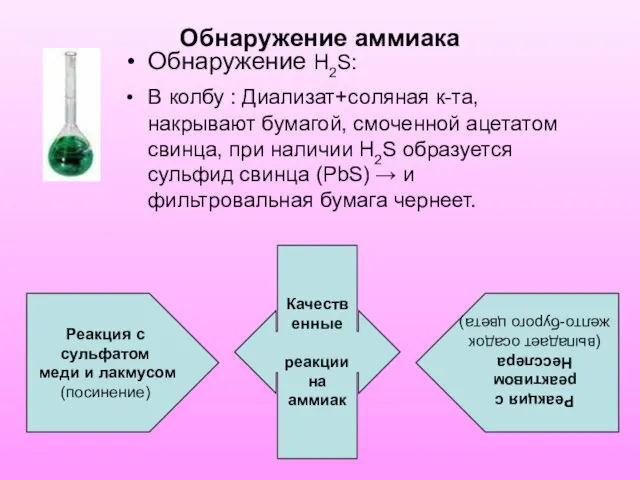 Обнаружение аммиака Обнаружение Н2S: В колбу : Диализат+соляная к-та, накрывают