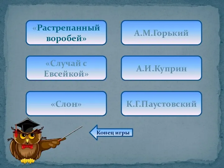 «Растрепанный воробей» А.М.Горький «Случай с Евсейкой» А.И.Куприн «Слон» К.Г.Паустовский Конец игры