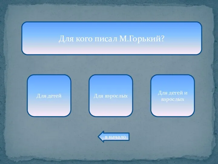 Для кого писал М.Горький? Для детей Для взрослых Для детей и взрослых в начало