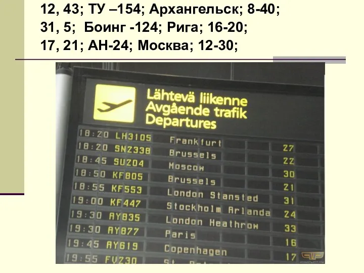 12, 43; ТУ –154; Архангельск; 8-40; 31, 5; Боинг -124; Рига; 16-20; 17,