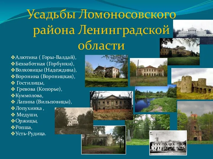 Усадьбы Ломоносовского района Ленинградской области Алютина ( Горы-Валдай), Беззаботная (Горбунки), Волковицы (Надеждина), Воронина