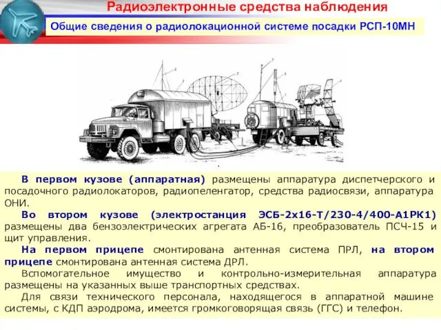 Общие сведения о радиолокационной системе посадки РСП-10МН В первом кузове (аппаратная) размещены аппаратура