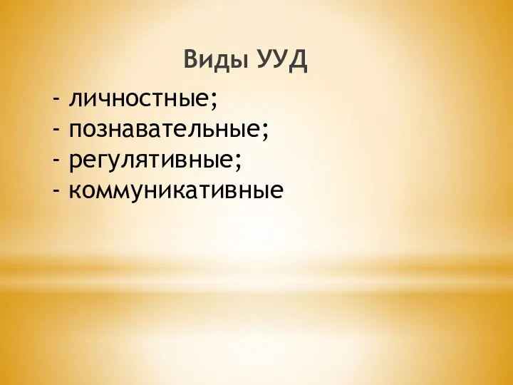 - личностные; - познавательные; - регулятивные; - коммуникативные Виды УУД