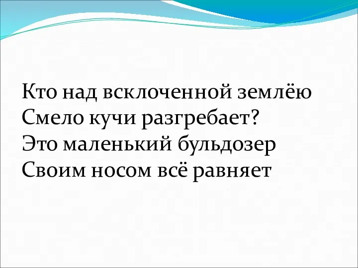 Кто над всклоченной землёю Смело кучи разгребает? Это маленький бульдозер Своим носом всё равняет