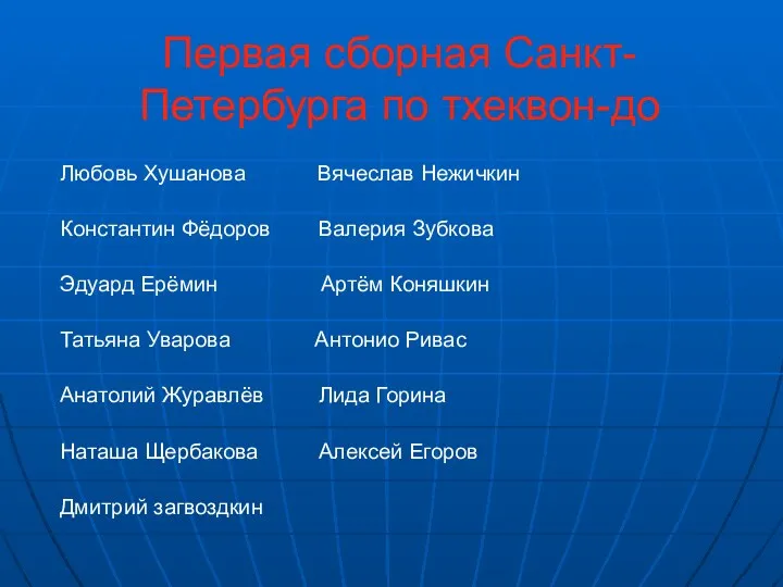 Первая сборная Санкт-Петербурга по тхеквон-до Любовь Хушанова Вячеслав Нежичкин Константин Фёдоров Валерия Зубкова