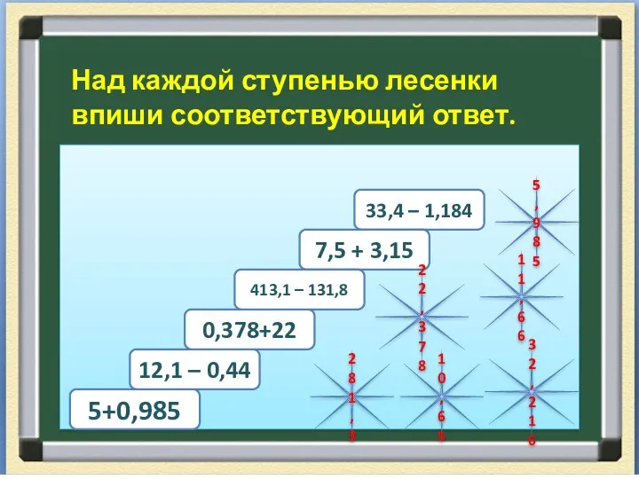 Над каждой ступенью лесенки впиши соответствующий ответ. 5+0,985 12,1 –