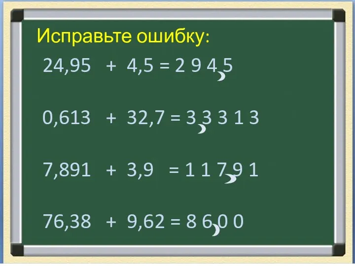 Исправьте ошибку: 24,95 + 4,5 = 2 9 4 5 0,613 + 32,7