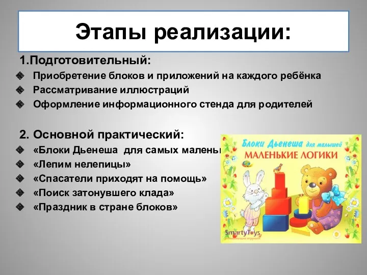 Этапы реализации: 1.Подготовительный: Приобретение блоков и приложений на каждого ребёнка