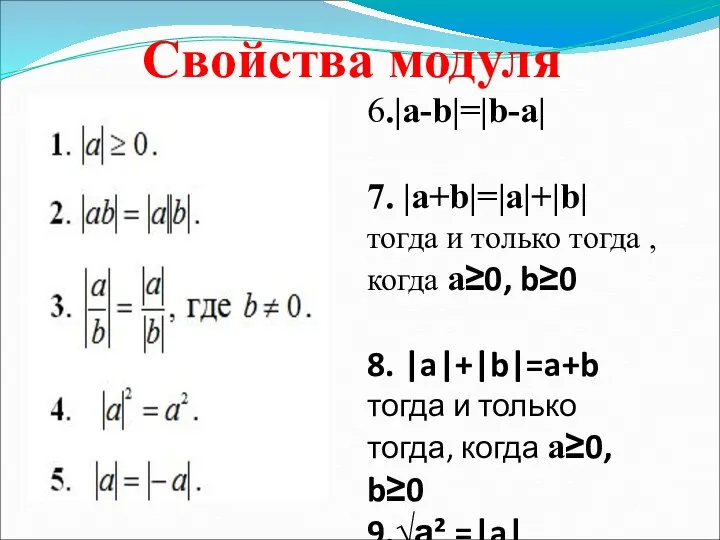 Свойства модуля 6.|a-b|=|b-a| 7. |a+b|=|a|+|b| тогда и только тогда , когда a≥0, b≥0
