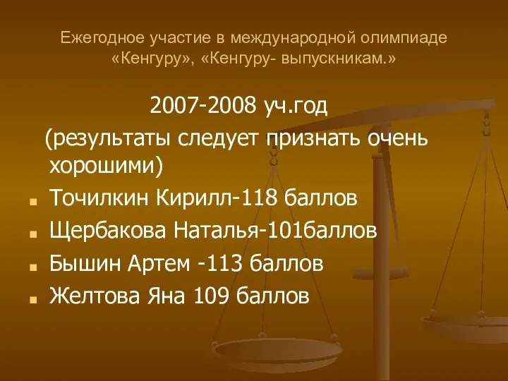 Ежегодное участие в международной олимпиаде «Кенгуру», «Кенгуру- выпускникам.» 2007-2008 уч.год