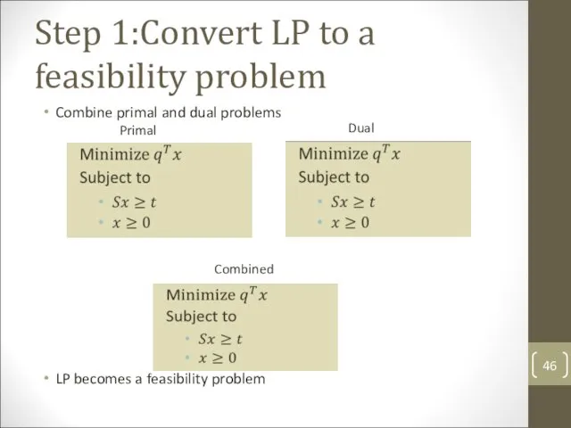 Step 1:Convert LP to a feasibility problem Combine primal and