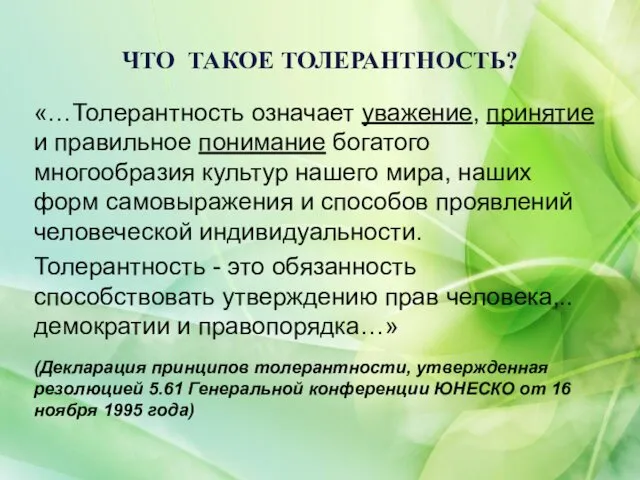 «…Толерантность означает уважение, принятие и правильное понимание богатого многообразия культур