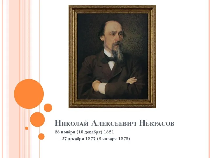 Николай Алексеевич Некрасов 28 ноября (10 декабря) 1821 — 27 декабря 1877 (8 января 1878)