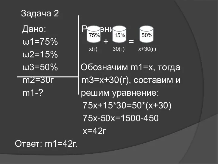 Дано: Решение: ω1=75% + = ω2=15% ω3=50% Обозначим m1=x, тогда