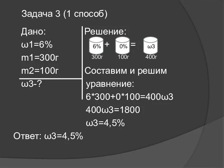 Дано: Решение: ω1=6% + = m1=300г m2=100г Составим и решим