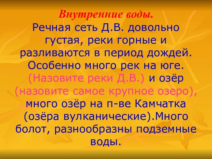 Внутренние воды. Речная сеть Д.В. довольно густая, реки горные и