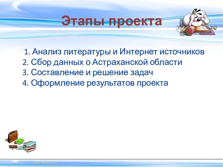 Этапы проекта 1. Анализ литературы и Интернет источников 2. Сбор данных о Астраханской