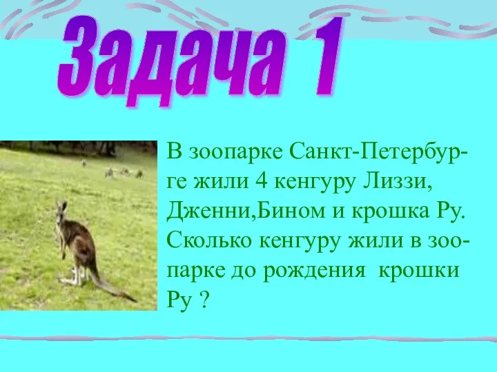 Задача 1 В зоопарке Санкт-Петербур- ге жили 4 кенгуру Лиззи, Дженни,Бином и крошка