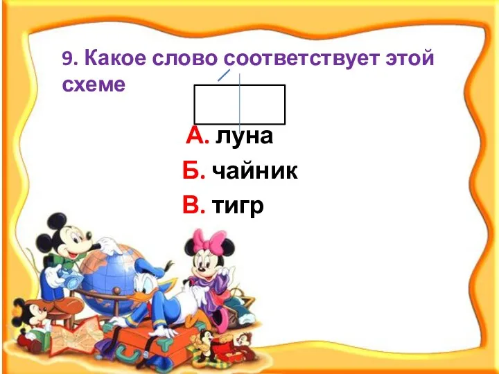 В. тигр 9. Какое слово соответствует этой схеме Б. чайник А. луна