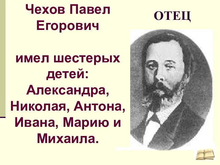 ОТЕЦ Чехов Павел Егорович имел шестерых детей: Александра, Николая, Антона, Ивана, Марию и Михаила.