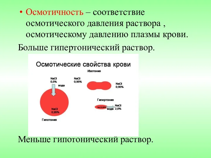 Осмотичность – соответствие осмотического давления раствора , осмотическому давлению плазмы