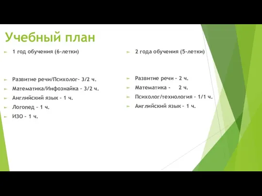 Учебный план 1 год обучения (6-летки) Развитие речи/Психолог– 3/2 ч.