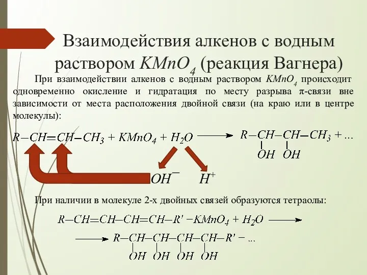 Взаимодействия алкенов с водным раствором KMnO4 (реакция Вагнера) При взаимодействии