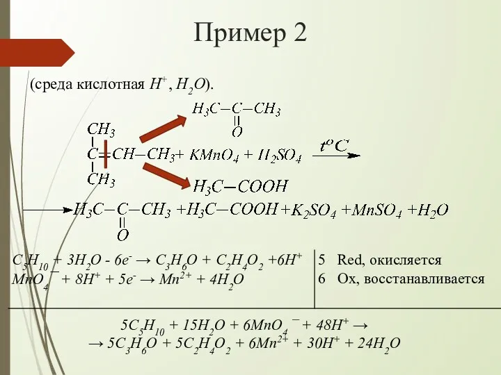 Пример 2 (среда кислотная H+, H2O). 5C5H10 + 15H2O +
