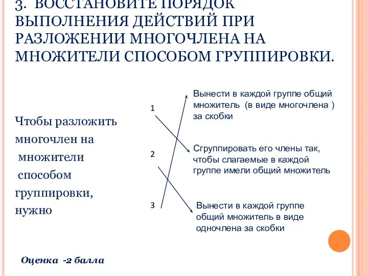 3. ВОССТАНОВИТЕ ПОРЯДОК ВЫПОЛНЕНИЯ ДЕЙСТВИЙ ПРИ РАЗЛОЖЕНИИ МНОГОЧЛЕНА НА МНОЖИТЕЛИ