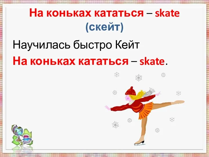 На коньках кататься – skate (скейт) Научилась быстро Кейт На коньках кататься – skate.