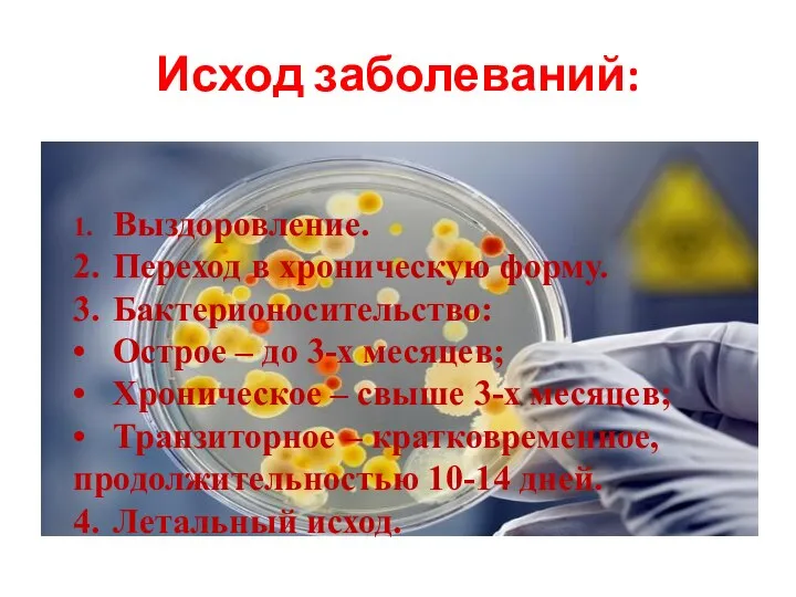 Исход заболеваний: 1. Выздоровление. 2. Переход в хроническую форму. 3. Бактерионосительство: • Острое