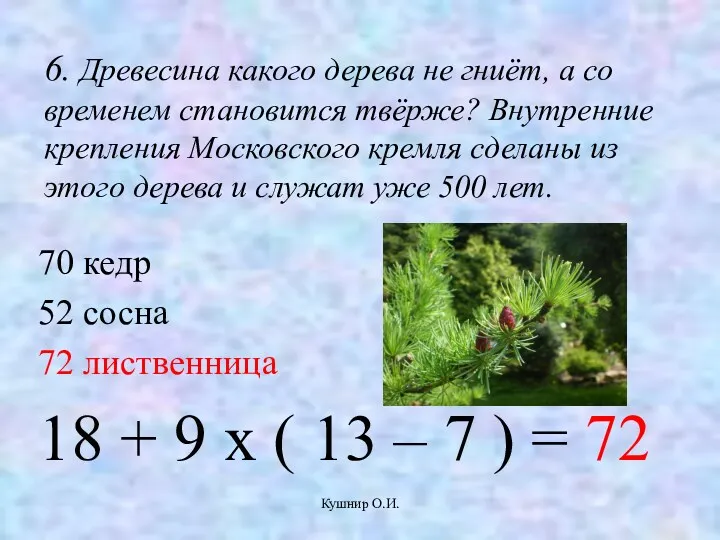 Кушнир О.И. 6. Древесина какого дерева не гниёт, а со