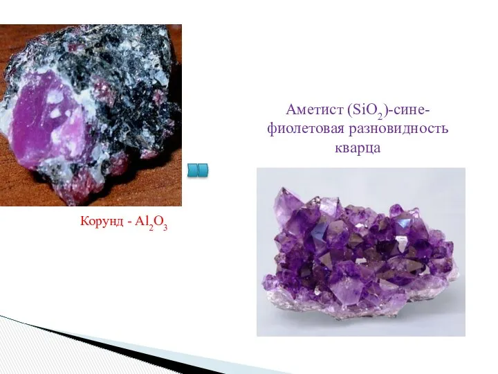 Аметист (SiO2)-сине-фиолетовая разновидность кварца Корунд - Al2O3