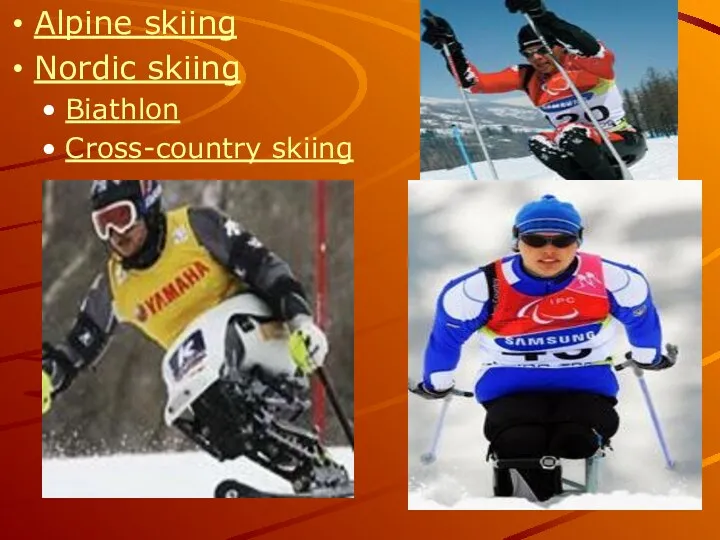 Alpine skiing Nordic skiing Biathlon Cross-country skiing