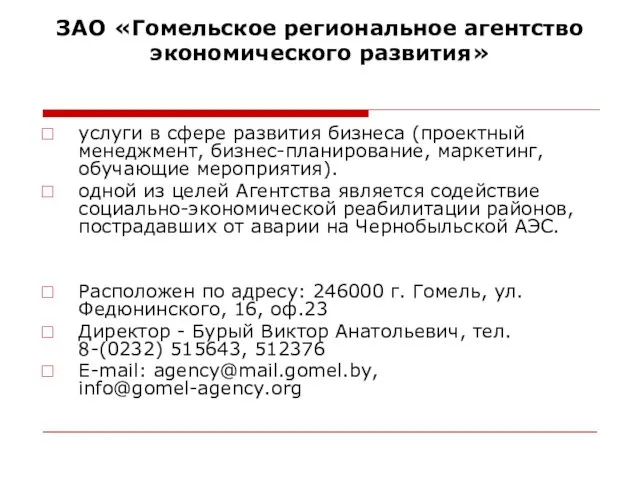 ЗАО «Гомельское региональное агентство экономического развития» услуги в сфере развития