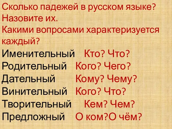 Именительный Кто? Что? Родительный Кого? Чего? Дательный Кому? Чему? Винительный