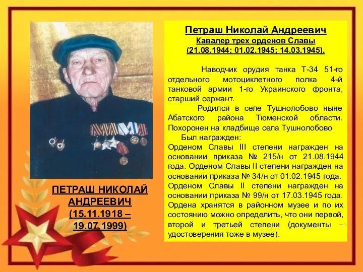 ПЕТРАШ НИКОЛАЙ АНДРЕЕВИЧ (15.11.1918 – 19.07.1999) Петраш Николай Андреевич Кавалер