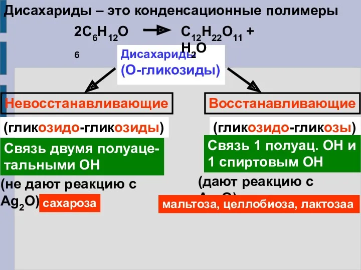 Дисахариды (О-гликозиды) Дисахариды – это конденсационные полимеры 2С6Н12О6 С12Н22О11 +