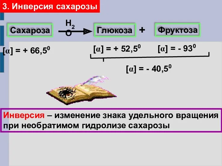 3. Инверсия сахарозы Сахароза [α] = + 66,50 H2O Глюкоза + Фруктоза [α]