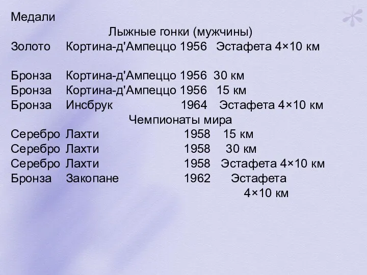 Медали Лыжные гонки (мужчины) Золото Кортина-д'Ампеццо 1956 Эстафета 4×10 км