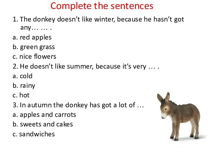 Complete the sentences 1. The donkey doesn’t like winter, because