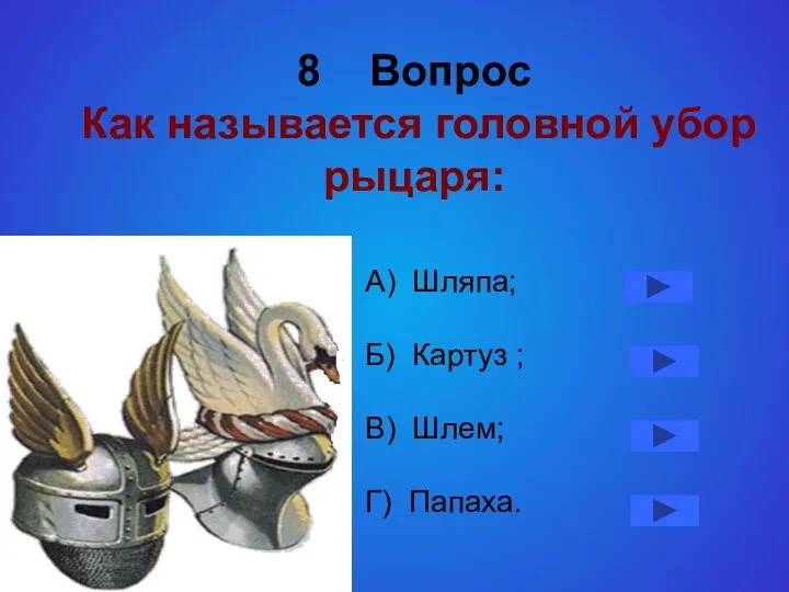 8 Вопрос Как называется головной убор рыцаря: А) Шляпа; Б) Картуз ; В) Шлем; Г) Папаха.